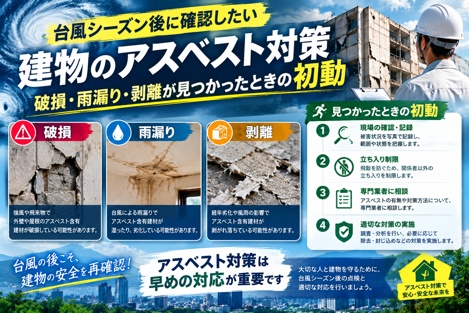 台風シーズン後に確認したい建物のアスベスト対策｜破損・雨漏り・剥離が見つかったときの初動