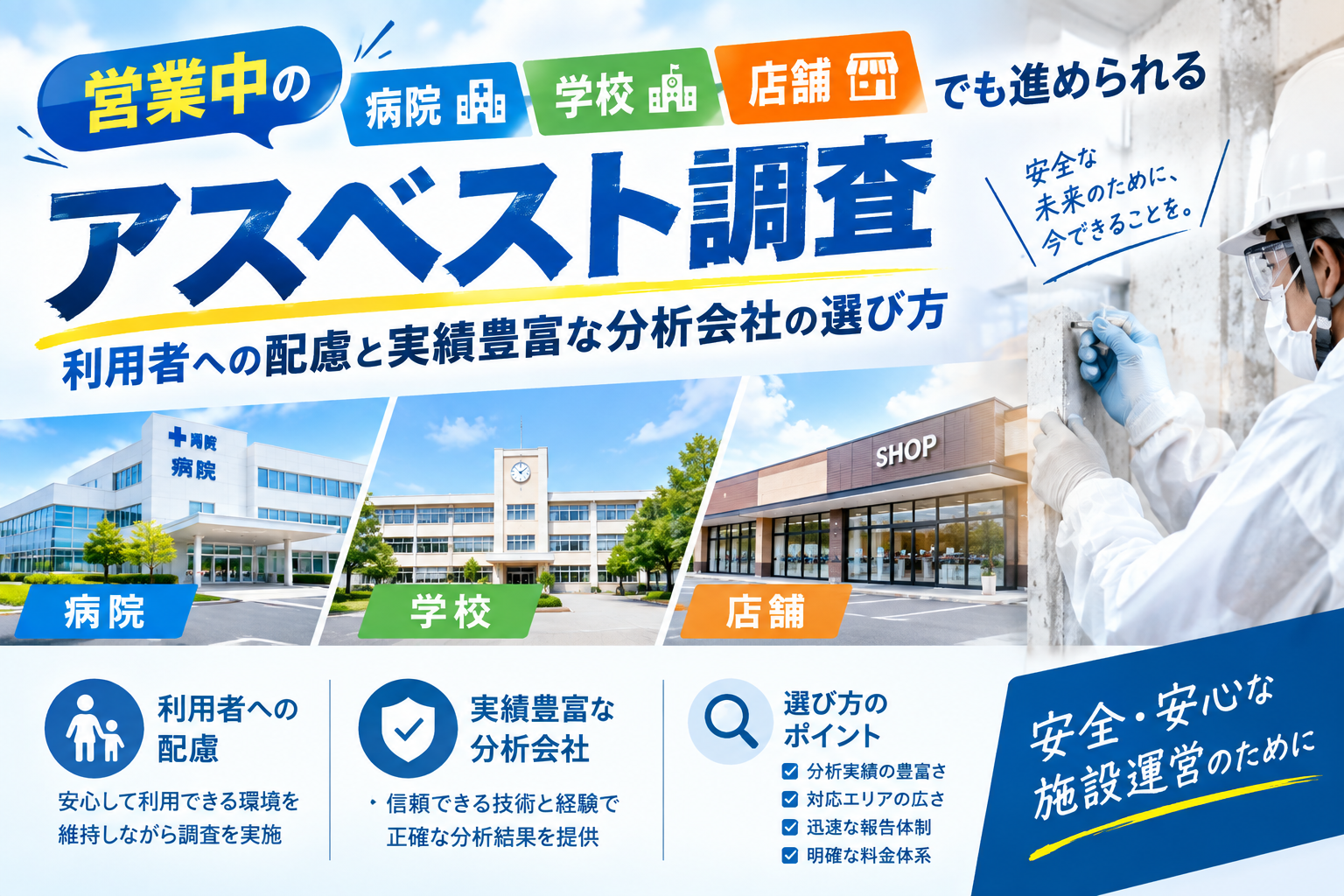 営業中の病院・学校・店舗でも進められるアスベスト調査｜利用者への配慮と実績豊富な分析会社の選び方